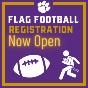 Graphic for Flag Football Registration Now Open: Features a purple background with a white paw print, bold yellow and white text, and icons of a football and a figure running with a flag.